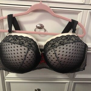 Vintage Torrid Super Sexy Bra White w/ Sheer Black Lace & Red Lace Up 48DD